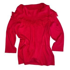 Kim Rogers Signature Red Fringed Cowl Neck Knit Sweater size Medium